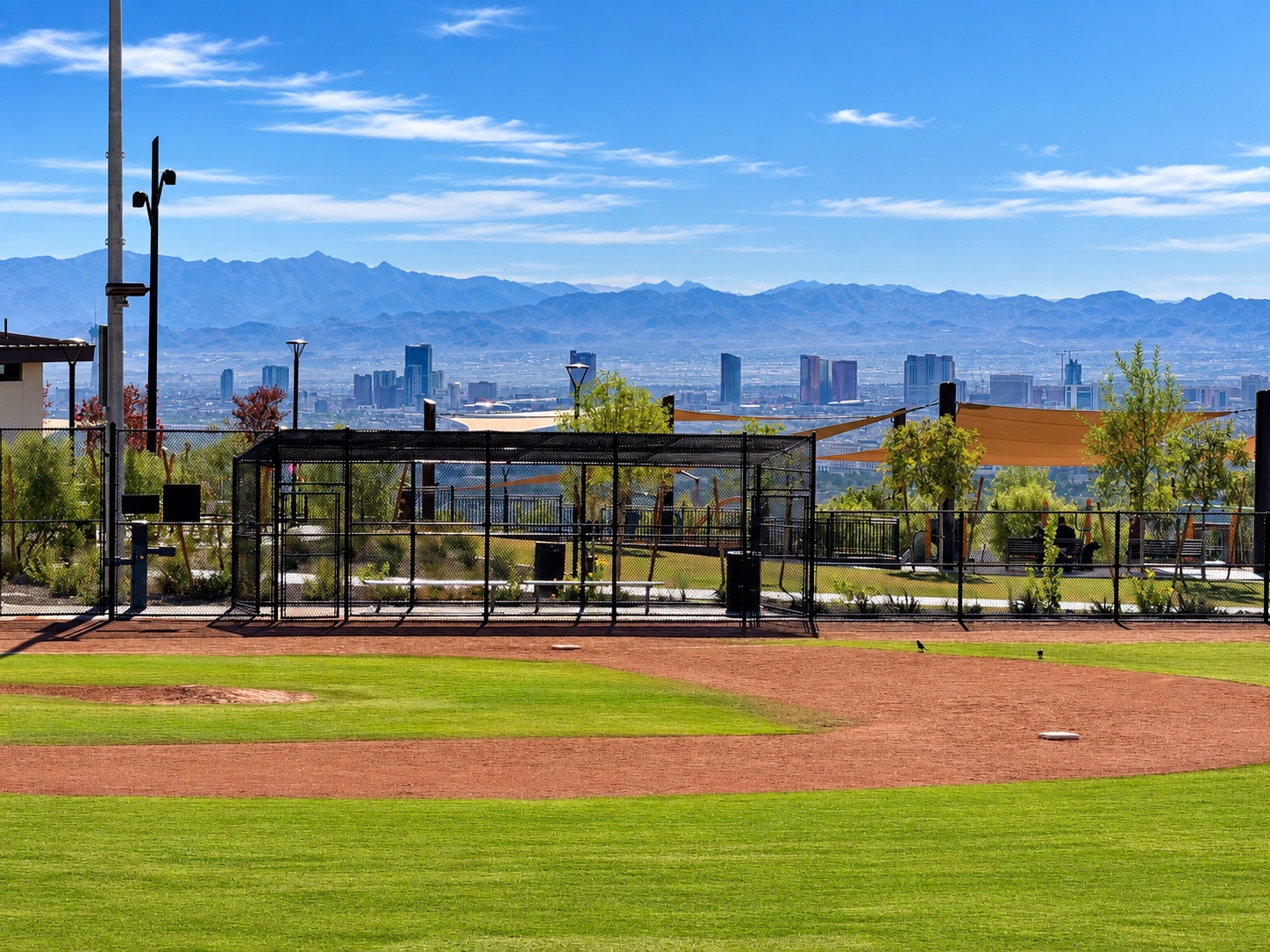 Grand Park baseball field with the Las Vegas skyline in the distance