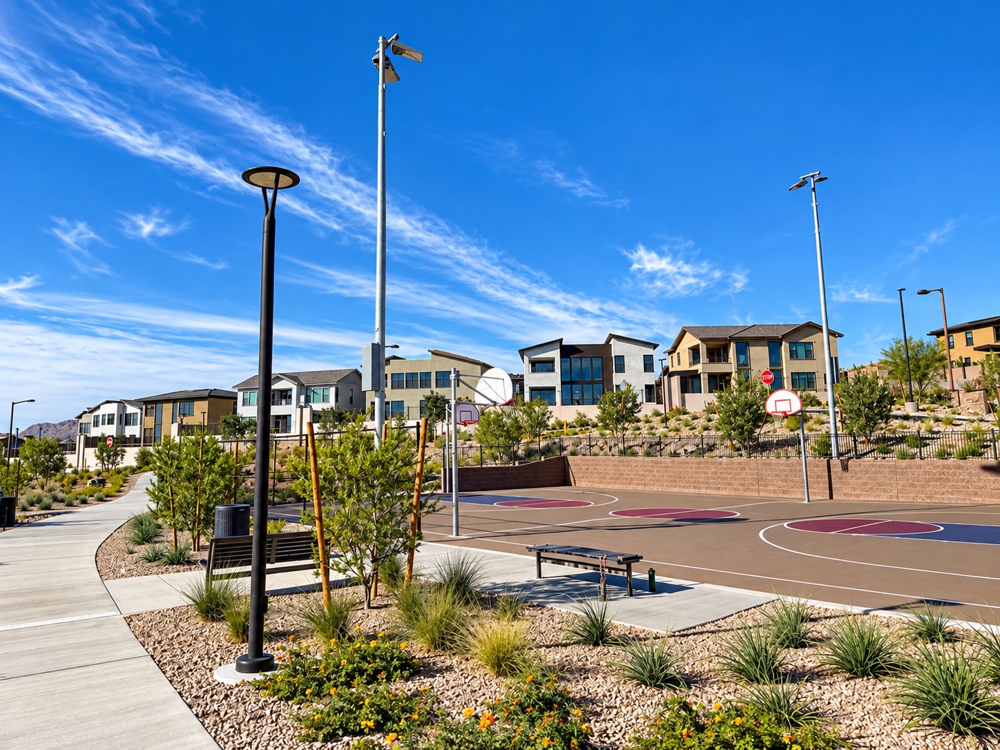 Basketball courts and nearby homes at Grand Park in Summerlin West