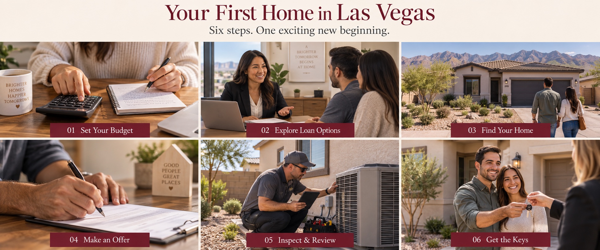 Six steps to buying your first Las Vegas home: set your budget, explore loan options, find your home, make an offer, inspect and review, and get the keys.