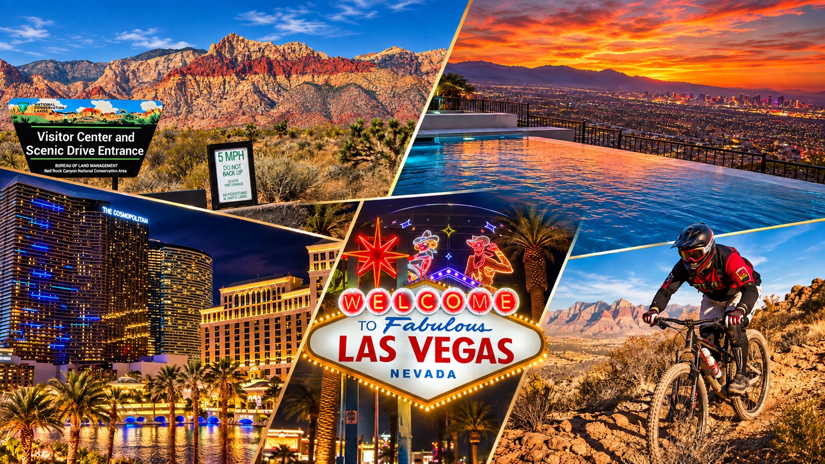 Las Vegas lifestyle collage featuring Red Rock Canyon, the Strip, a sunset pool view, the welcome sign, and mountain biking