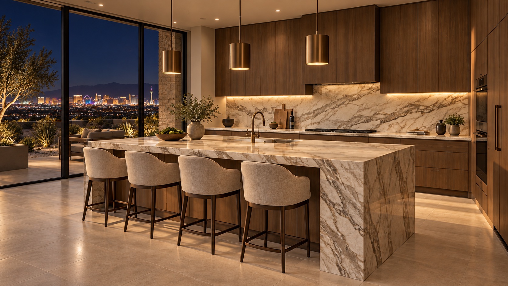 AI-generated luxury kitchen with a stone island and distant Las Vegas skyline at night