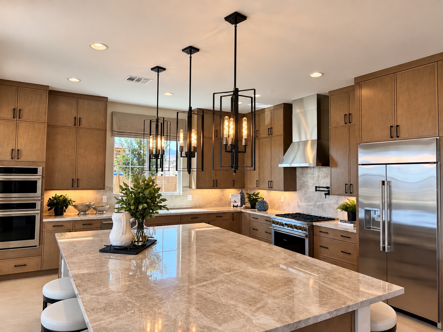 Primrose Park kitchen with a large island, wood cabinets, and pendant lighting