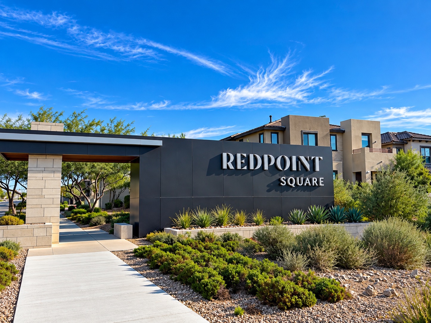Redpoint Square village entrance sign and desert landscaping in Summerlin, Las Vegas