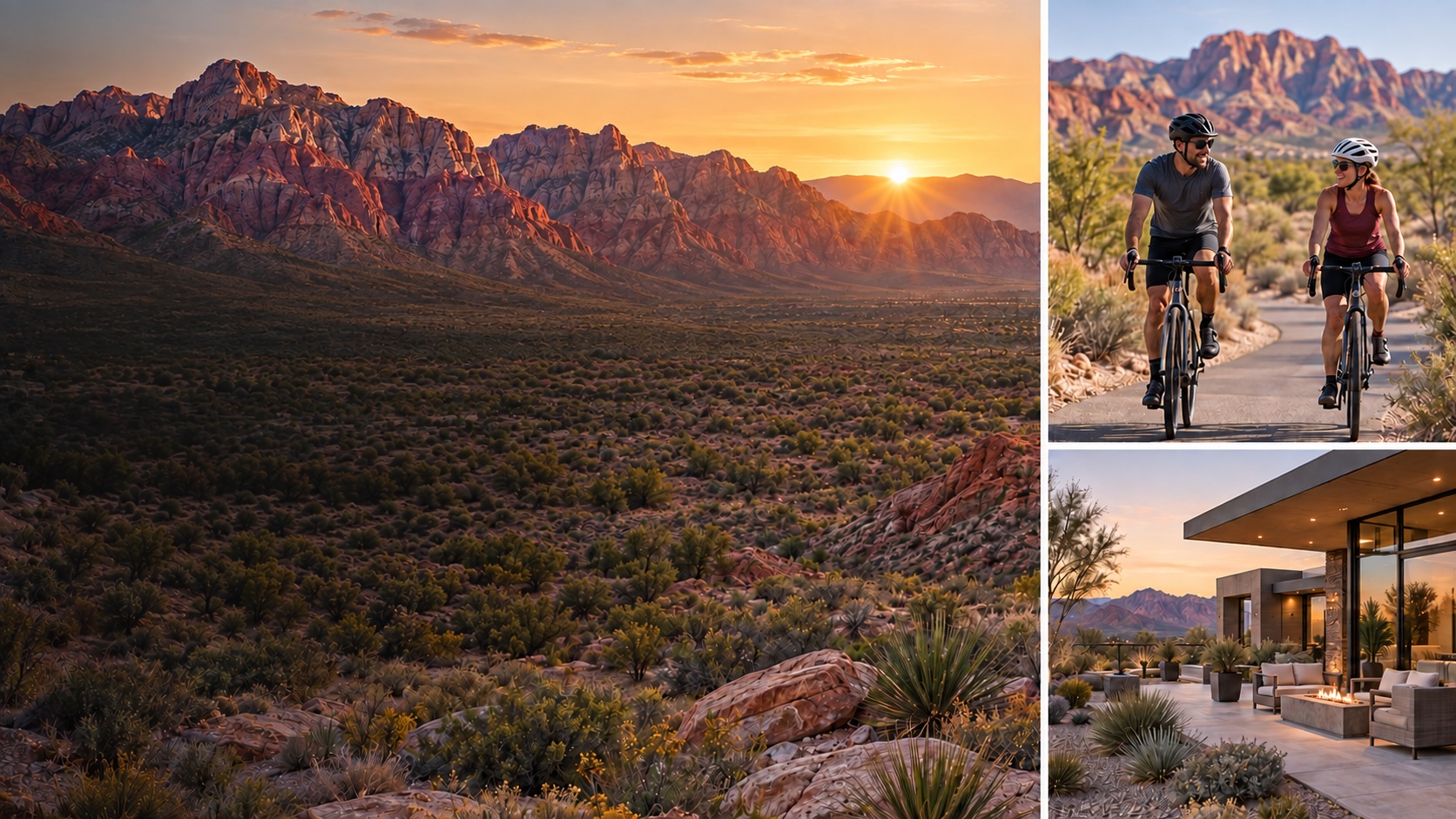 Desert mountain sunset, cyclists on a trail, and a modern outdoor terrace
