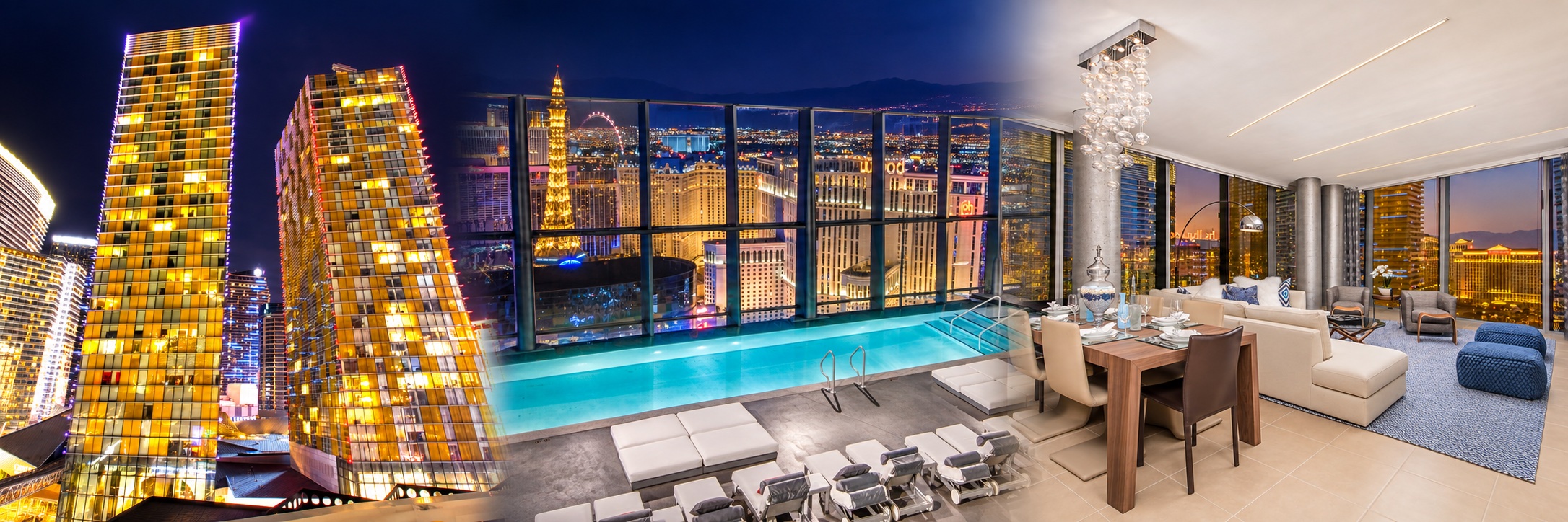 Blended montage of Veer Towers at night, the rooftop pool, and a furnished condo interior