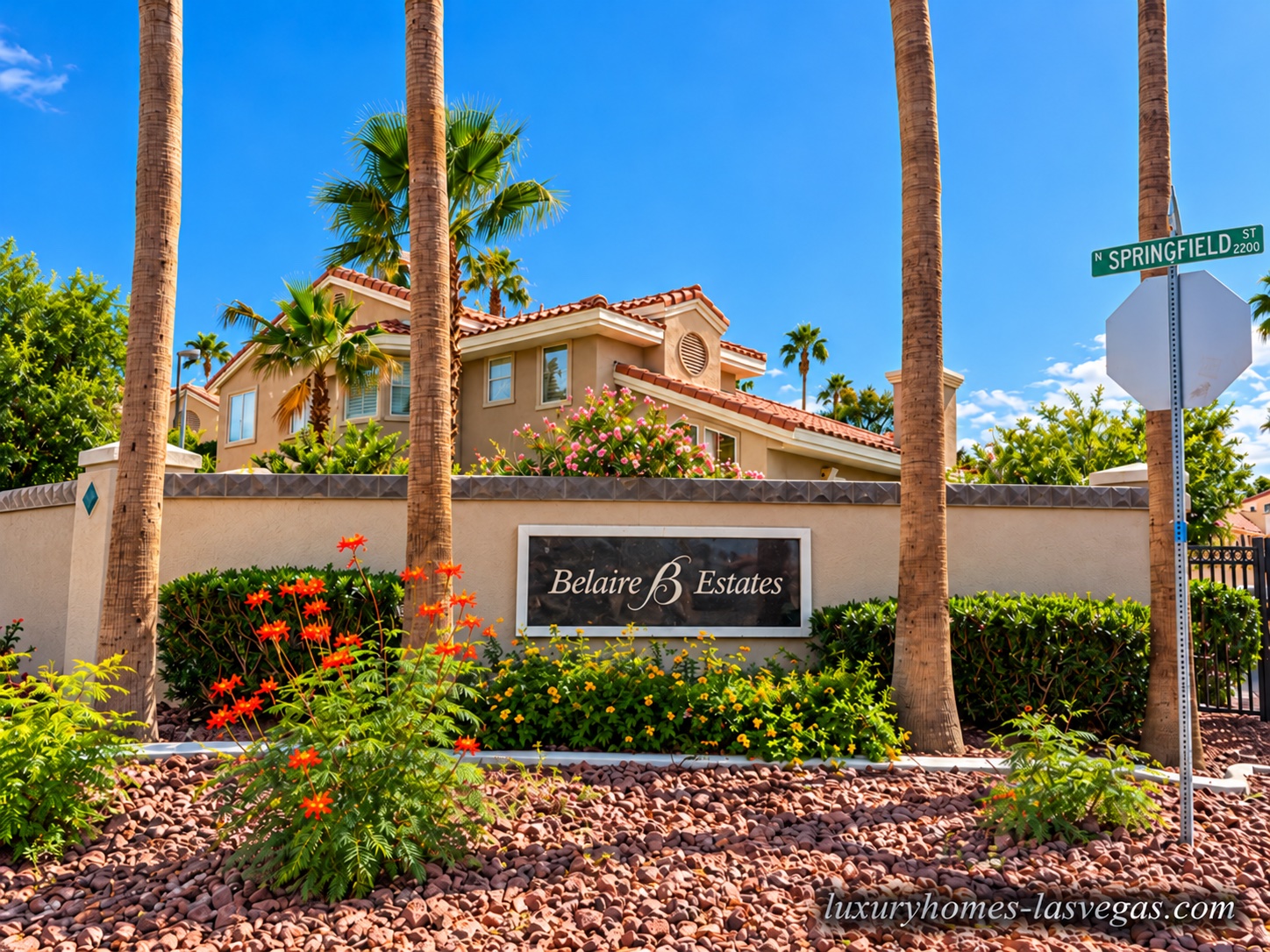 Belaire Estates entrance sign and palm-lined landscaping in The Hills village of Summerlin, Las Vegas