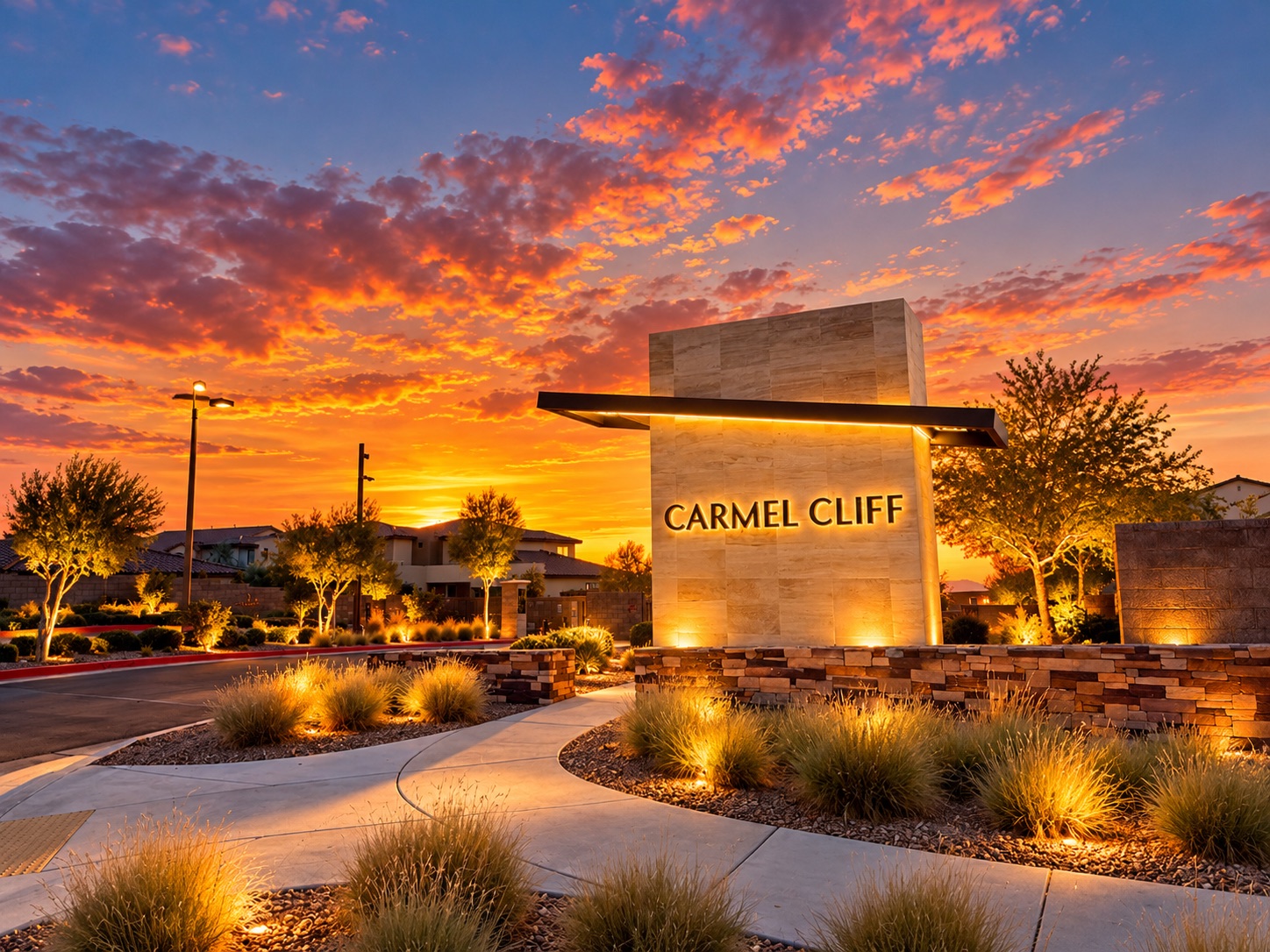 Illuminated Carmel Cliff entrance at sunset in Redpoint, Summerlin, Las Vegas, Nevada 89138