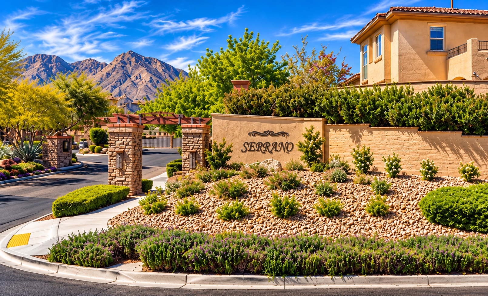 Serrano gated entrance in The Paseos, Summerlin, Las Vegas 89138, with desert landscaping and mountain views