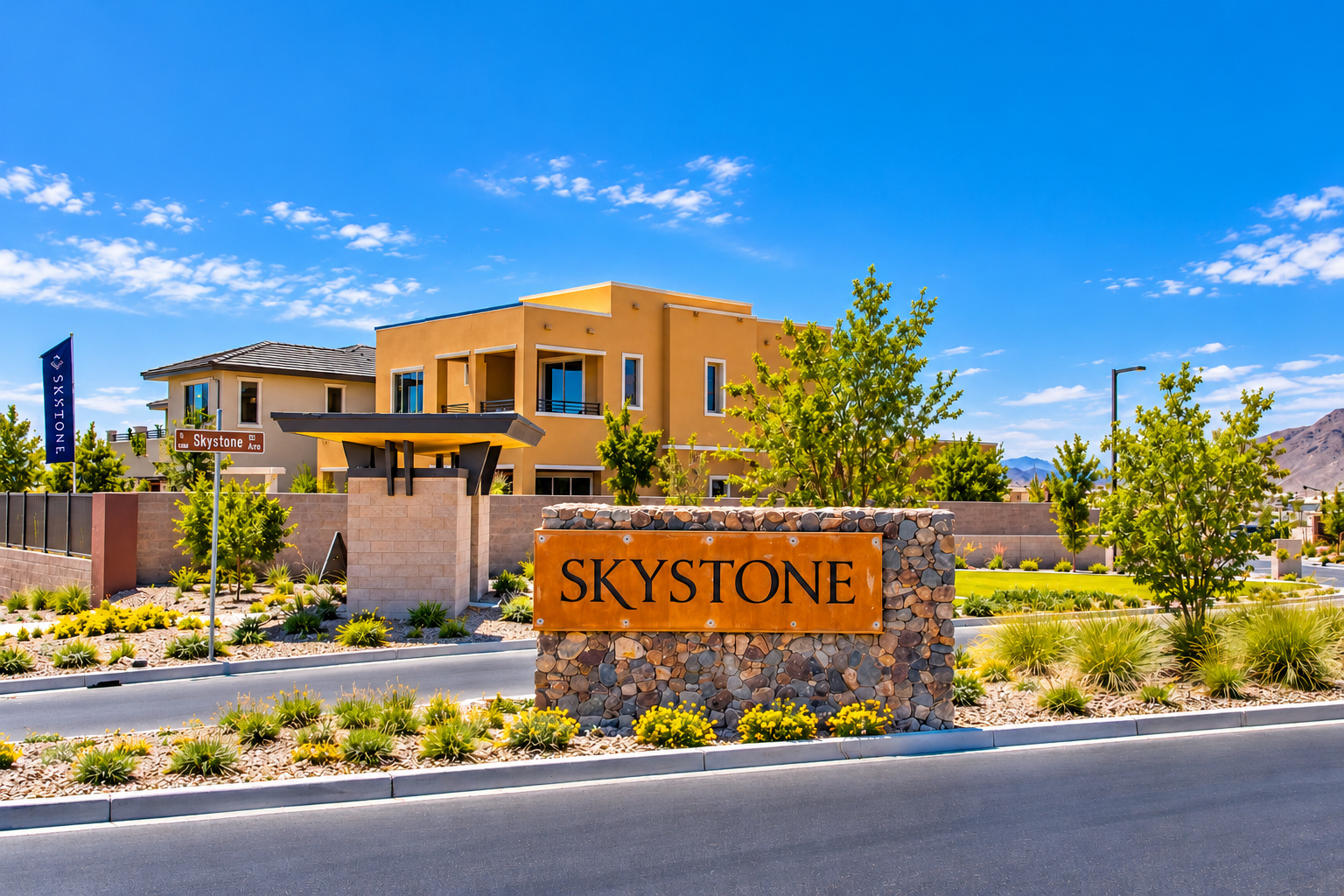 Skystone neighborhood entrance and contemporary Woodside homes in The Cliffs at Summerlin