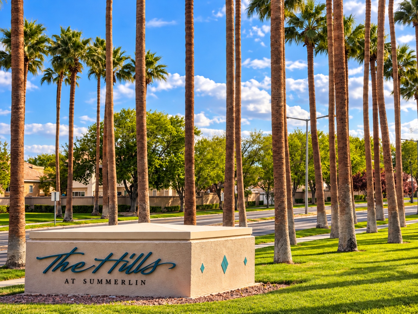 The Hills at Summerlin entrance monument surrounded by palm trees in Las Vegas